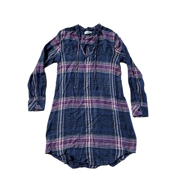 Anthropologie Cloth & Stone Plaid Boho Long Sleeve V Neck Mini Dress Size S - Picture 1 of 5